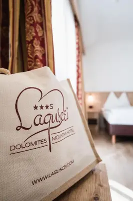 a bag sitting on a table in a room at Laguscei Dolomites Mountain Hotel in Arabba