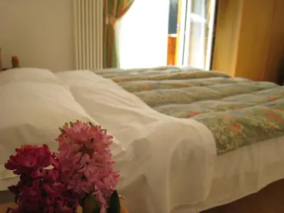 a large bed in a bedroom with a window at Garni B&B Mozart Nesthouse in Canazei