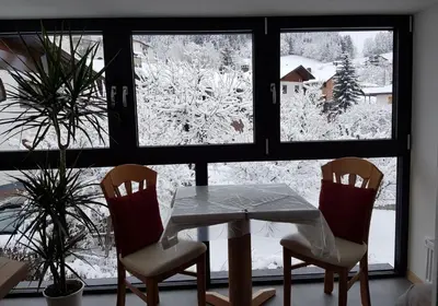 a table and two chairs in front of a window at Ferienwohnung Pramstaller in Valdaora