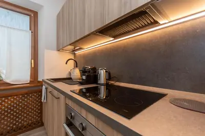 a kitchen with a sink and a stove top oven at Ciesa Abete Rosso in Caprile
