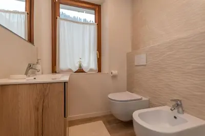 a bathroom with a sink and a toilet and a window at Ciesa Abete Rosso in Caprile