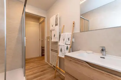 a bathroom with a sink and a shower at Ciesa Abete Rosso in Caprile
