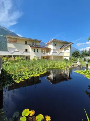 a view of buildings and a pond with lilies at Apartment Dreiland in Plaus