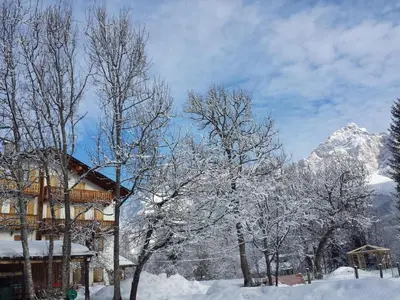a snow covered building with trees and a mountain at Petit Chalet in Villanova
