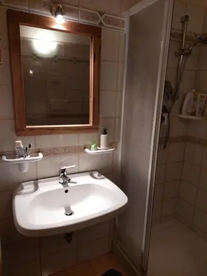 a bathroom with a sink and a mirror and a shower at Petit Chalet in Villanova