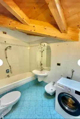 a bathroom with a toilet sink and a washing machine at Cèsa Niki in Canazei