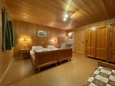 a bedroom with a bed in a wooden room at Landhaus Schneider in Vallarga