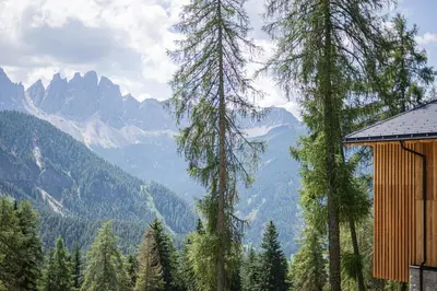 a wooden cabin with a bed on the balcony at Munt Dolomiti Farm in Plancios