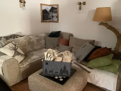 a living room with a couch with a box on it at Chalet le Dolomiti in Borca di Cadore