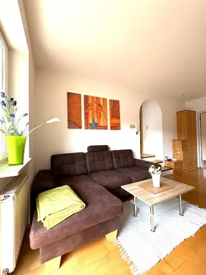 a living room with a brown couch and a table at Apartment Apfel in Naturno