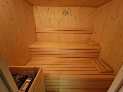a wooden sauna with a wooden step in it at Laubennest 3 in Merano