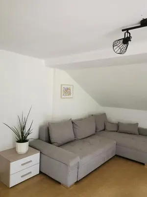 a living room with a gray couch and a table at Haus Maria in Campolasta