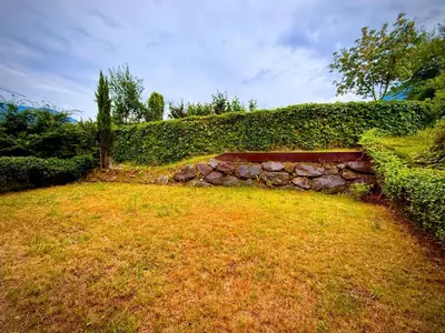 a stone wall next to a hedge and grass at MarlingoStar con giardino e garage in Marlengo