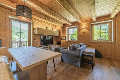 a living room with a couch and a television in a cabin at Alpine Heart in Falcade