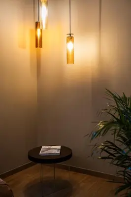 a table in a room with two lights and a plant at KODERLE SUITE K1 Bucaneve in Brunico