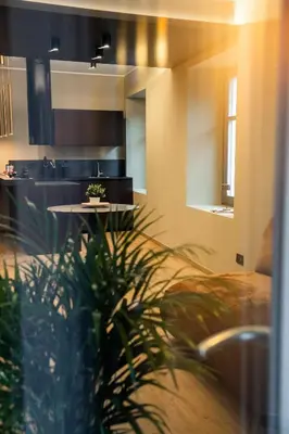 a living room with a table and a plant at KODERLE SUITE K1 Bucaneve in Brunico