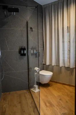 a bathroom with a toilet and a glass shower at Koderle Suite K2 Arnica in Brunico