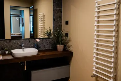 a bathroom with a sink and a mirror at KODERLE SUITE K3 Genziana in Brunico