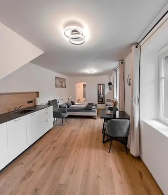 a kitchen and living room with a couch and a table at Studio Cervus with BrixenCard in Bressanone