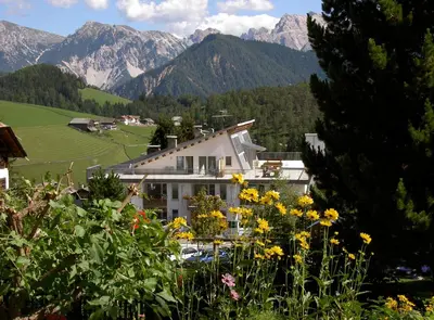 a house in the mountains with flowers in the foreground at Hotel Pütia in Antermoia