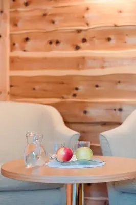 a table with two apples and a glass vase at Hotel Pütia in Antermoia