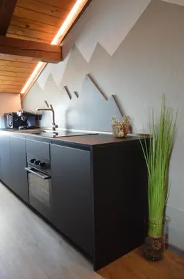 a kitchen with a counter with a sink and a stove at Mountain Suite with tub and view, Alpine design in Sanzeno
