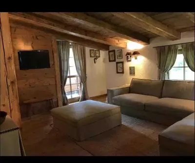 a living room with a couch and a tv at Cottage Cortina d Ampezzo in Cortina dʼAmpezzo