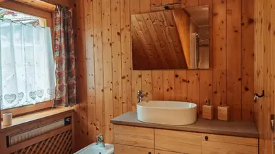 a bathroom with a sink and a wooden wall at Tabia del Caser in San Tomaso