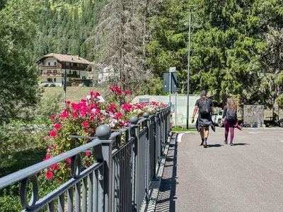 a couple of people walking down a sidewalk with flowers at Appartamento Anna in Campestrin