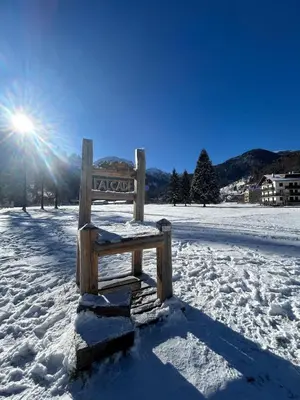 a wooden bench sitting in the snow with the sun at Rifugio di Niki in Falcade