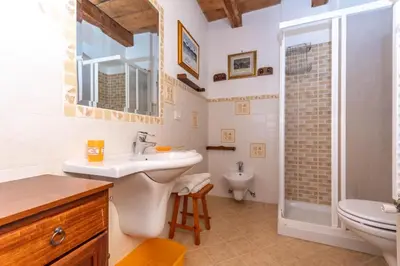 a bathroom with a sink and a toilet and a shower at Casa Tamion in Vigo di Fassa