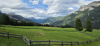 a green field with a fence and mountains at Casa Tamion in Vigo di Fassa