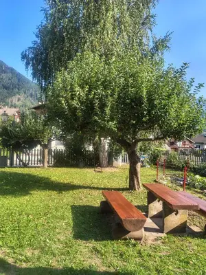 a wooden picnic table sitting next to a tree at Villa Cecilia mono in Tonadico