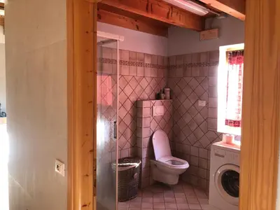a bathroom with a toilet and a washing machine at B&B del Mazarol in Canale San Bovo