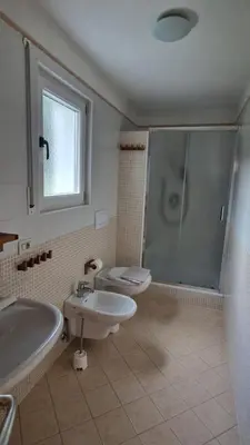 a bathroom with a shower and a sink and a toilet at Ciasa Rungger in San Martino in Badia