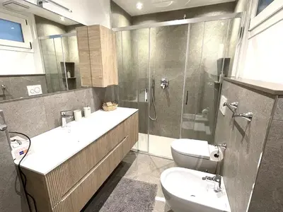 a bathroom with a shower and a sink and a toilet at Appartamento Pineta casa vacanze Sci & Natura in Varena