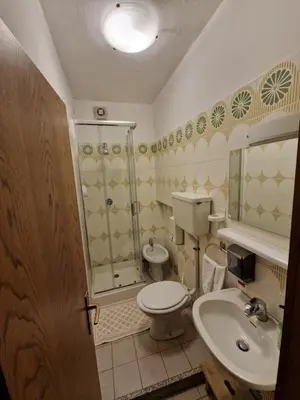 a bathroom with a shower and a toilet and a sink at Albergo Passione Ristorante Pizzeria Romallo in Romallo