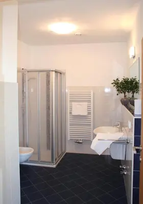 a bathroom with a shower and a sink and a toilet at Kreuzsteinhof in San Paolo