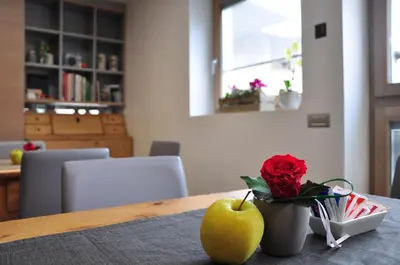 a table with a green apple and a vase with a red rose at NonSoloMele in Romallo