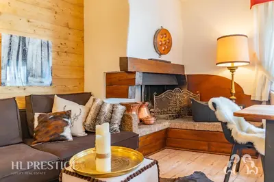 a living room with a couch and a fireplace at Olimpic Cà di Bosco in Cortina dʼAmpezzo