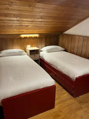 two beds in a room with wooden walls at Apartment 5 Torri, parcheggio in garage in Cortina dʼAmpezzo