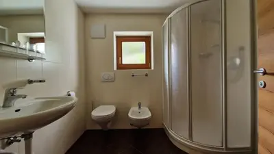 a bathroom with a shower and a toilet and a sink at Apartments Angela in San Vigilio Di Marebbe