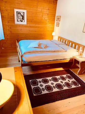 a bedroom with a bed and a rug on the floor at Apartament Loft Fiemme in Castello di Fiemme