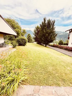 a large grassy yard with trees and a building at Apartament Loft Fiemme in Castello di Fiemme