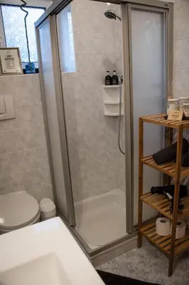 a bathroom with a shower and a toilet at Nock Apartment Dolomites in South Tyrol - Italy in Nova Ponente