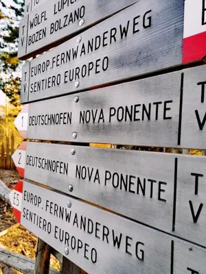 a pile of signs on a wooden pole at Nock Apartment Dolomites in South Tyrol - Italy in Nova Ponente