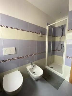a bathroom with a toilet and a sink and a shower at El Polse - Appartmento per 5 persone in Ziano di Fiemme