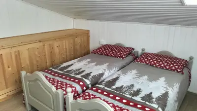 two twin beds in a room with red pillows at El Zirum Boscoverde in Sottoguda