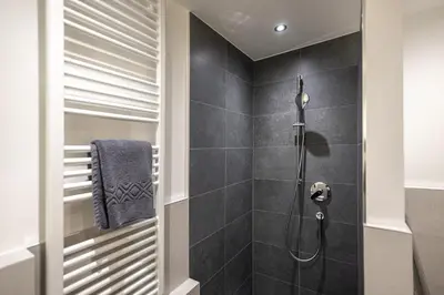 a bathroom with a shower with black tiles at Apartments Raffl in Ortisei