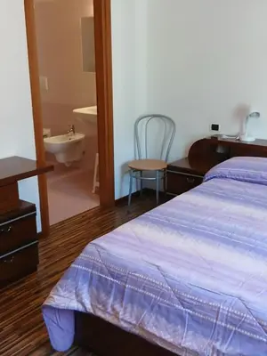 a bedroom with a bed and a sink and a chair at Ciasa Soppelsa 2 in Moena
